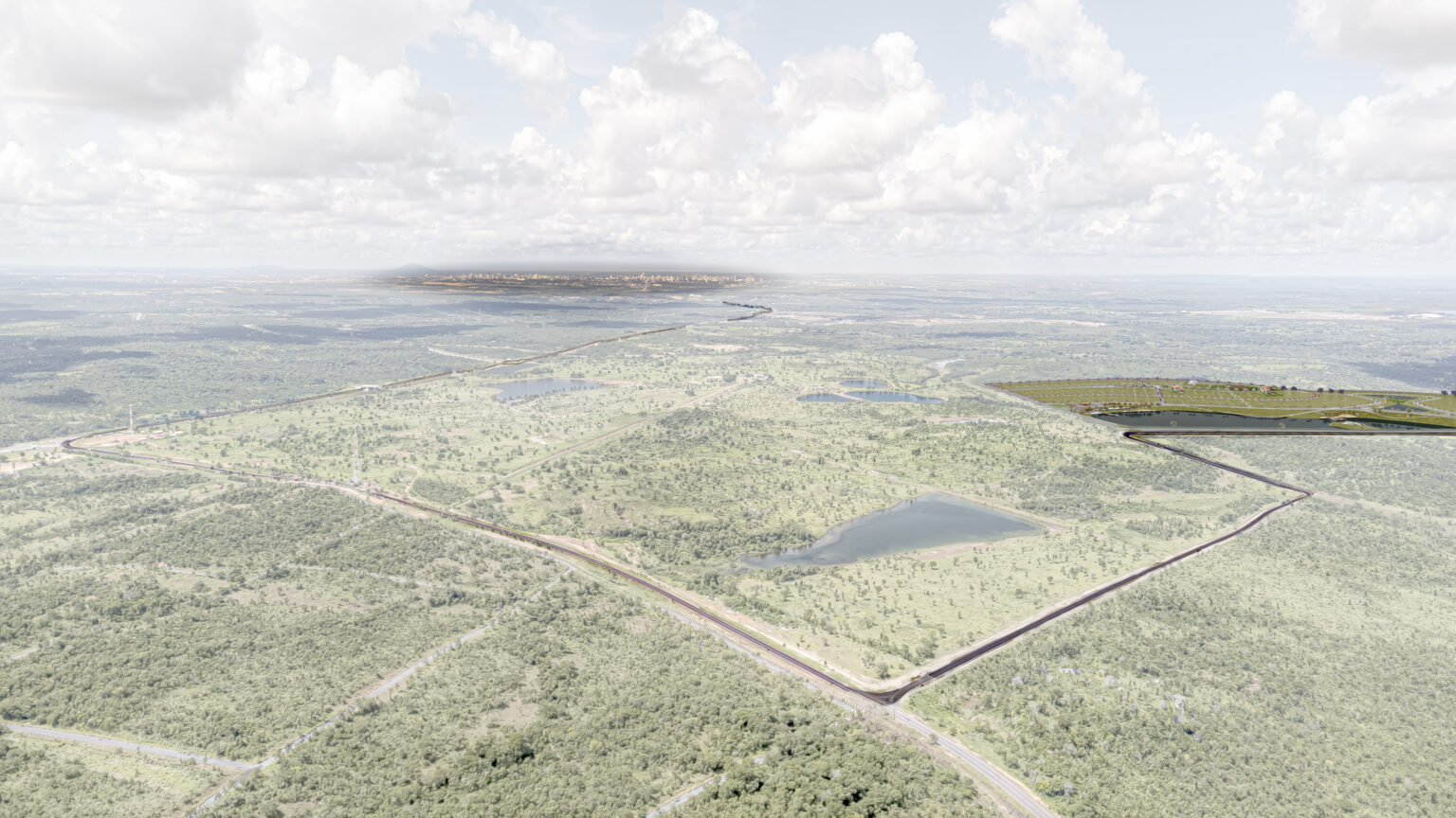 Vista aérea dos terrenos e da infraestrutura do Cenário dos Lagos Home e Wellness, condomínio fechado em Cuiabá, MT
