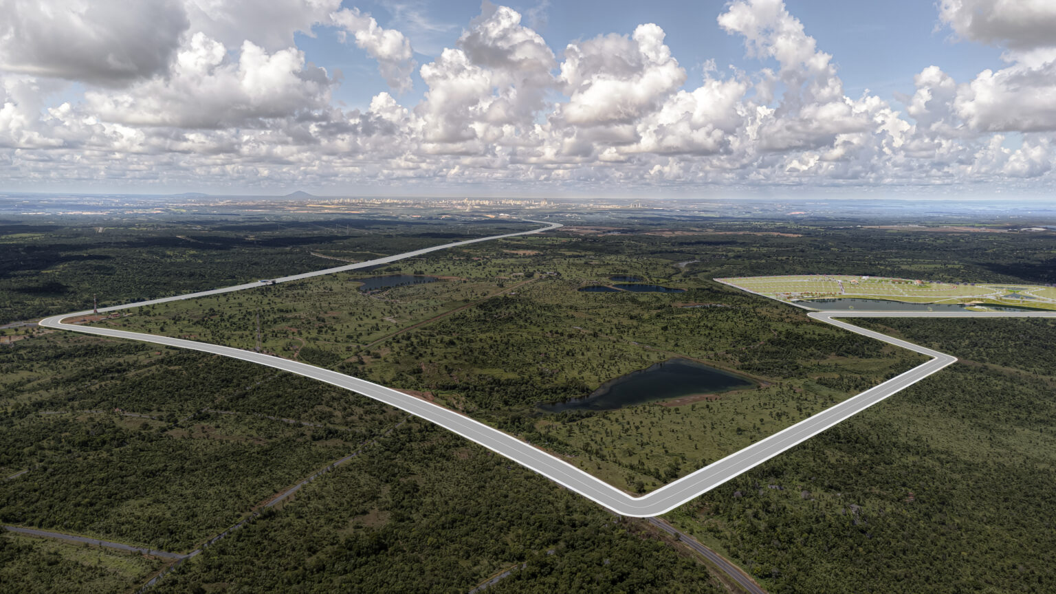 Vista aérea dos três lagos artificiais do Cenário dos Lagos Home e Wellness, condomínio fechado em Cuiabá MT