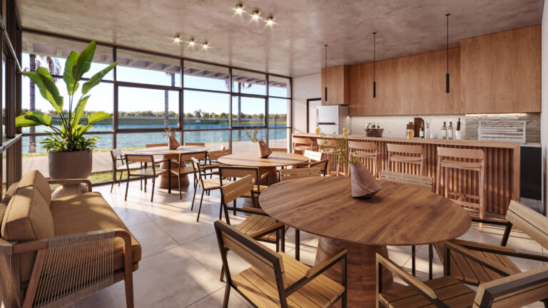 Espaço gourmet com vista para o lago no Cenário dos Lagos Home e Wellness, Cuiabá MT