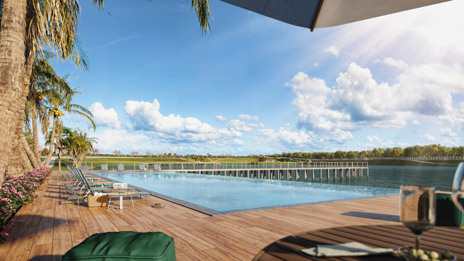 Piscina de borda infinita com vista para os lagos no Cenário dos Lagos Home e Wellness, Cuiabá MT